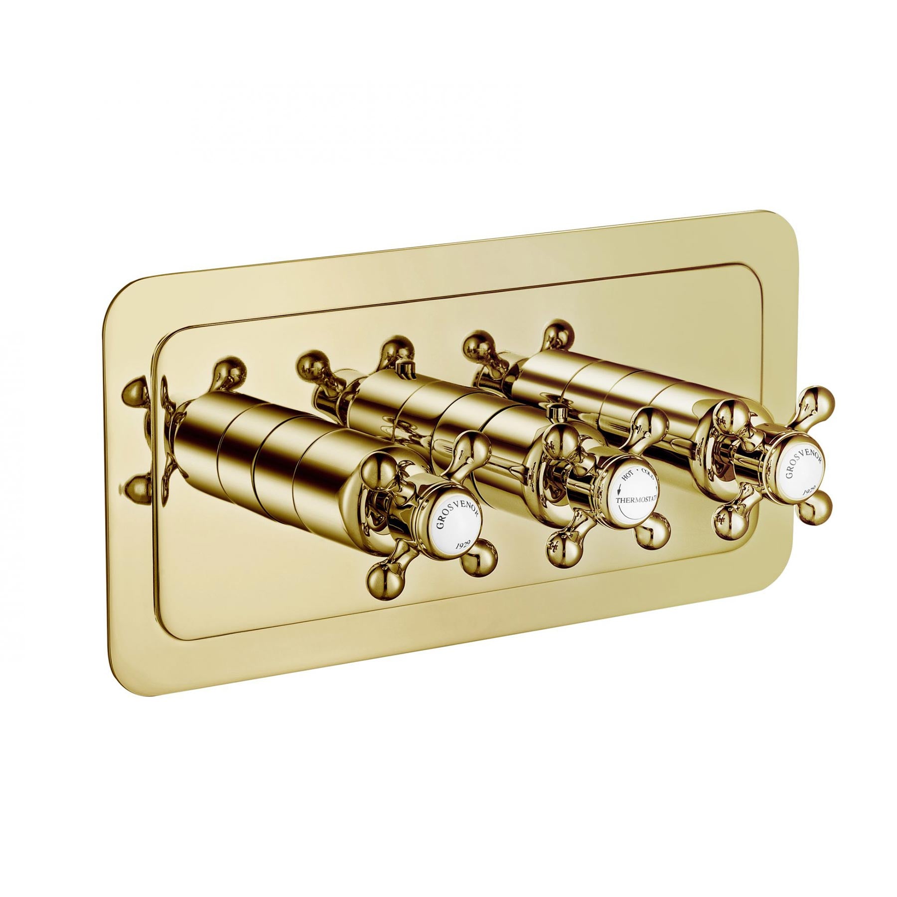 Chester Gold Cross thermostatic concealed 2 outlet shower valve, horizontal MP0.5. With one lever for temperature and one to divert water to the desired outlet, these two outlet valve can be paired with 2 water outlet accessories