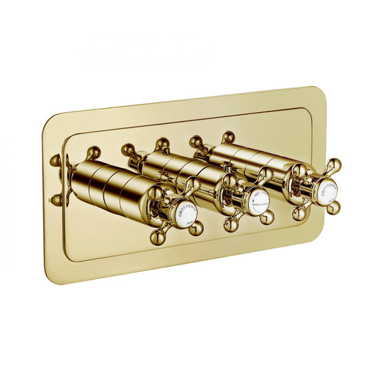 Chester Gold Cross thermostatic concealed 2 outlet shower valve, horizontal MP0.5. With one lever for temperature and one to divert water to the desired outlet, these two outlet valve can be paired with 2 water outlet accessories 1800