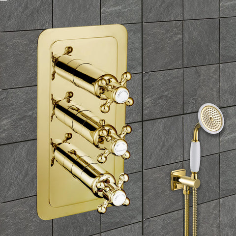 Chester Gold Cross Thermostatic Concealed 2 Outlet Shower Valve, Vertical MP 0.5. The top handle controls one outlet, the bottom handle controls another, and the middle handle is used to set the temperature.