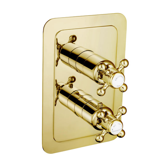 Chester Gold Cross Thermostatic Concealed 2 Outlet Shower Valve, Vertical MP 0.5. Use the top lever to divert the water to your chosen outlet, and the bottom lever to adjust the water temperature. 1800