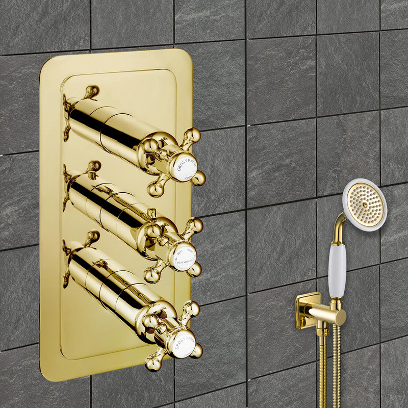 Chester Gold Cross Thermostatic Concealed 3 Outlet Shower Valve, Vertical MP 0.5 