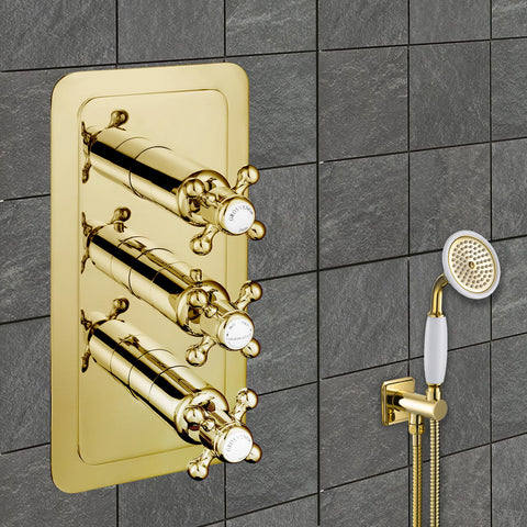 Chester Gold Cross Thermostatic Concealed 3 Outlet Shower Valve, Vertical MP 0.5 