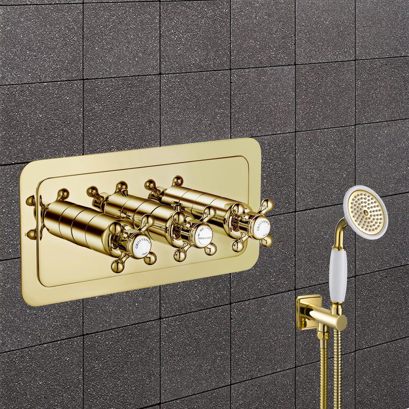 Chester Gold Cross Thermostatic Concealed 3 Outlet Shower Valve, Horizontal MP 0.5