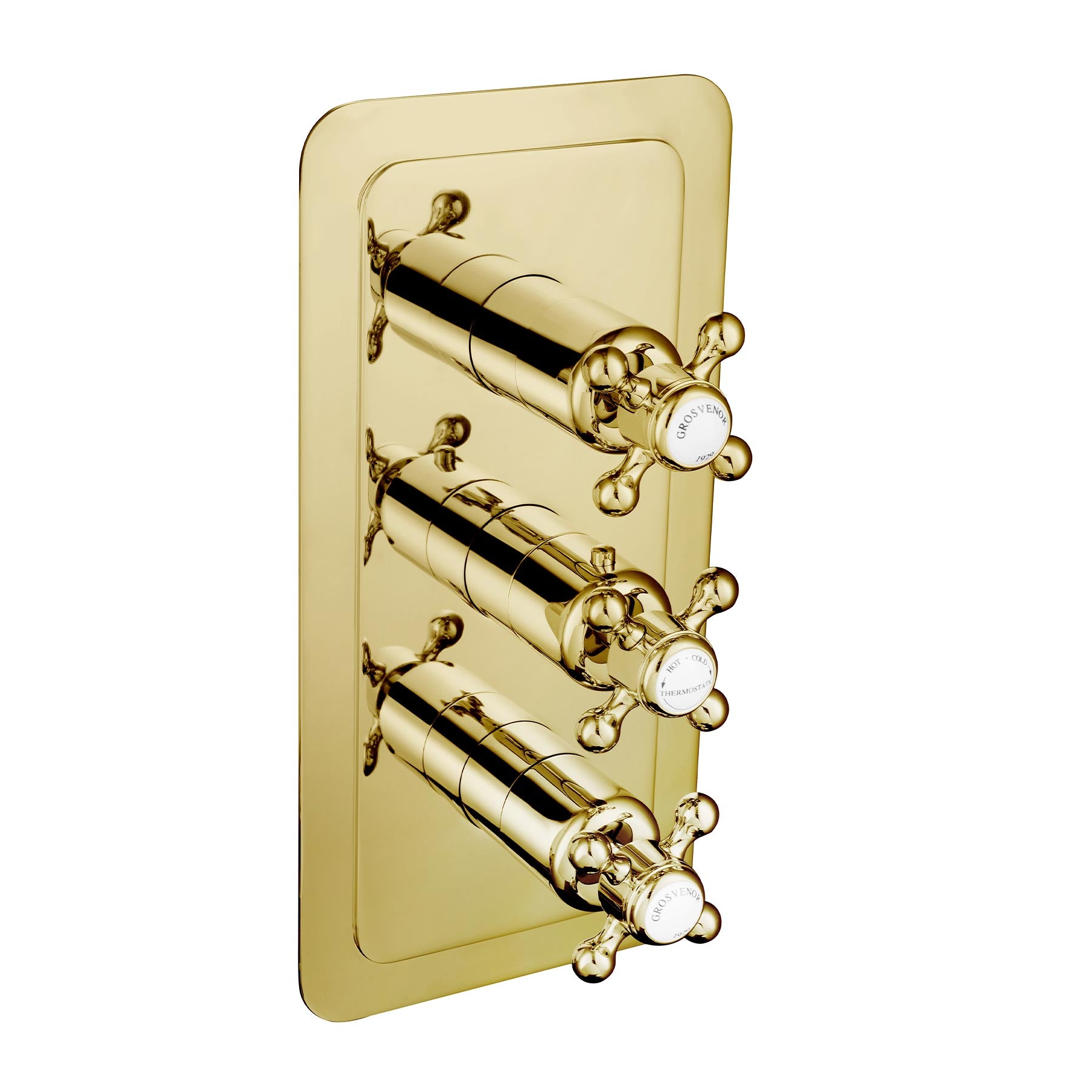 Chester Gold Cross Thermostatic Concealed 2 Outlet Shower Valve, Vertical MP 0.5. The top handle controls one outlet, the bottom handle controls another, and the middle handle is used to set the temperature. Main image