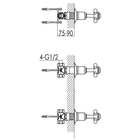 Gold Cross White Wall Valves Technical Drawing
