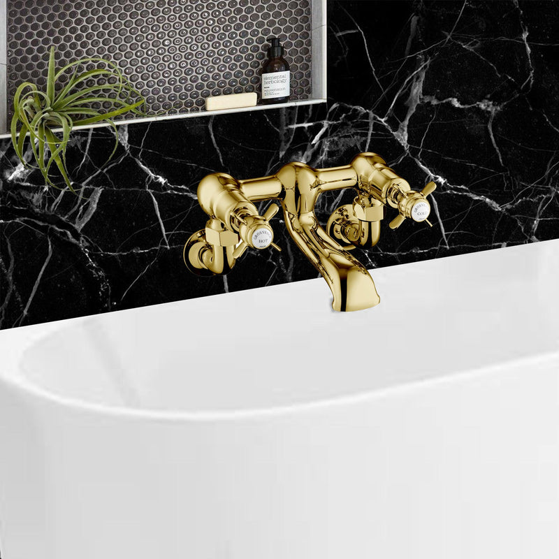 Chester Gold Pinch Bath Filler Wall Mounted, MP 0.5. This is victorian style wall mounted gold finish bath filler with hot and cold pinch cross heads.
