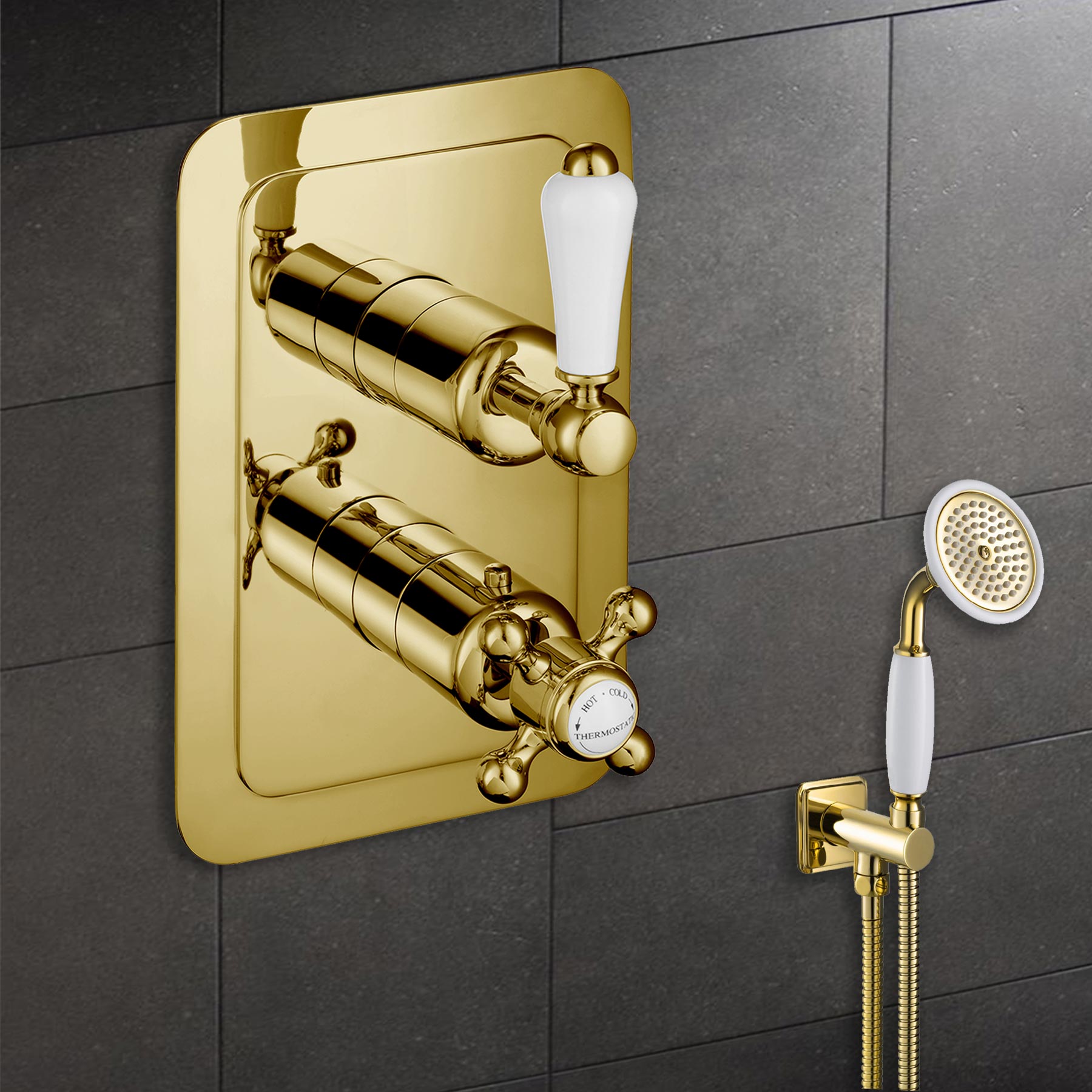 Gold Thermostatic Concealed 2 Outlet Shower Valve 