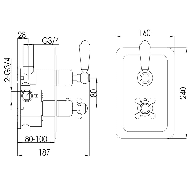 Concealed Thermostatic Shower Valves Technical Drawing