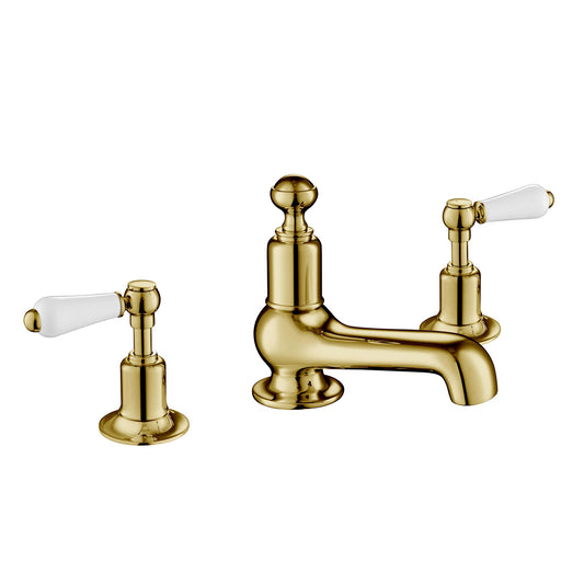 Chester Lever Gold-White 3 Hole Deck Mounted Gold Mixer Taps with an Aerated Victorian Basin Taps 1800