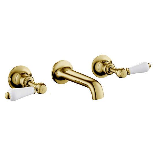 Traditional Chester Lever Gold-White 3 Hole Gold Wall Mounted Basin Taps with the Aerator Offering No-splash Ample water, Easy to clean and Maintain, LP 0.2 1800