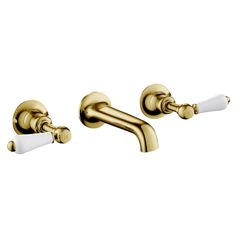 Traditional Chester Lever Gold-White 3 Hole Gold Wall Mounted Basin Taps with the Aerator Offering No-splash Ample water, Easy to clean and Maintain, LP 0.2