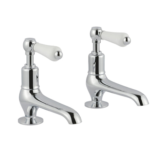 Chester Lever Long Nose Basin Pillar Taps - Chrome. Curved shapes feature throughout the body of this set of pillar taps with an elegant ceramic handle lever to control the temperature and flow of water through the long nose spouts 1800