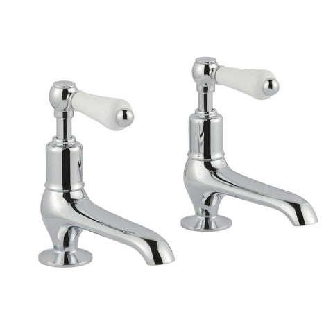 Chester Lever Long Nose Basin Pillar Taps - Chrome. Curved shapes feature throughout the body of this set of pillar taps with an elegant ceramic handle lever to control the temperature and flow of water through the long nose spouts