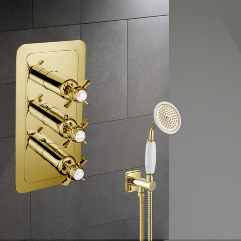 Chester Pinch 3 Outlet Thermostatic Concealed Shower Valve - Brushed Gold MP 0.5