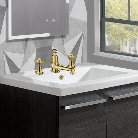 Traditional Chester Pinch 3 hole Deck Mounted Wash Basin Tap with Antique Gold Finish and Internally Fitted with Leak-Proof Technology, LP 0.2