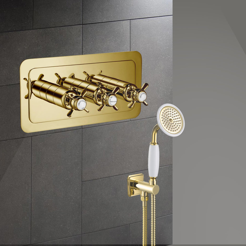 Gold thermostatic concealed 3 outlet shower valve