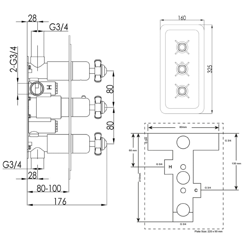 shower control valves Technical Drawing