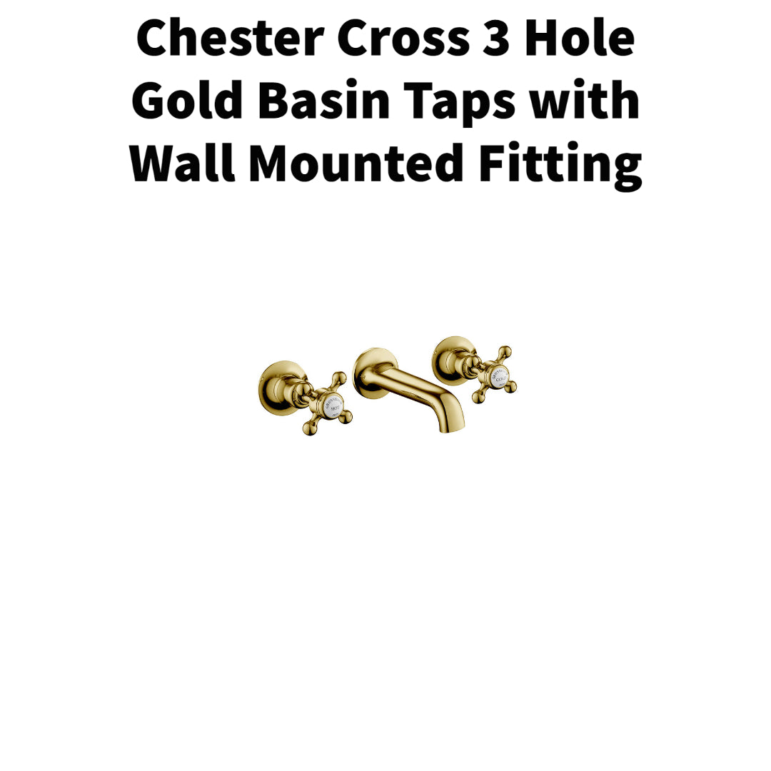 Cross 3 Hole Gold Basin Taps with Wall Mounted Fitting 