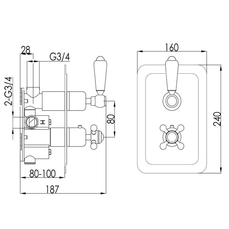 Concealed Thermostatic Shower Valves Technical Drawing