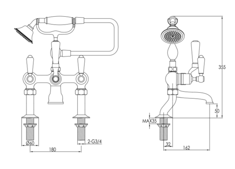 Victorian Deck-Mounted Bath Tap and Handheld Shower Set- Chrome