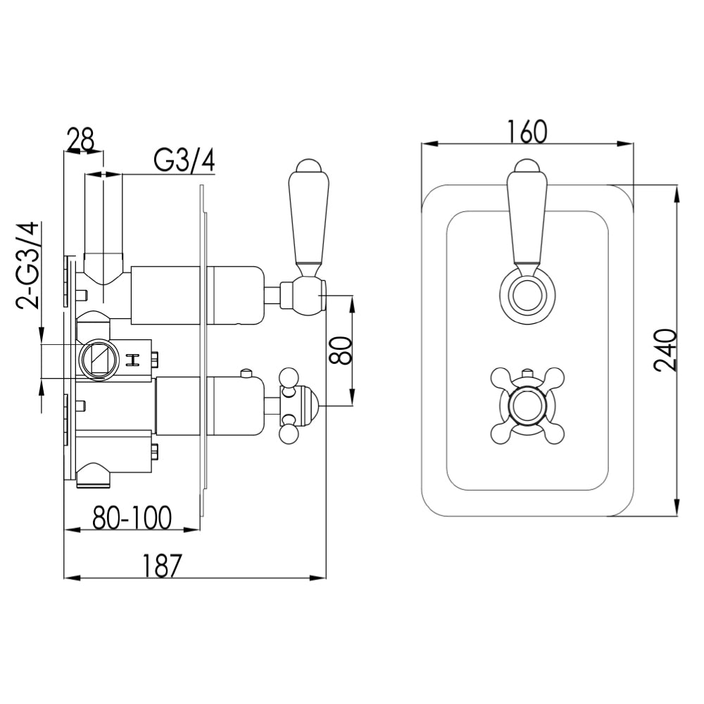 concealed thermostatic shower valve Technical Drawing