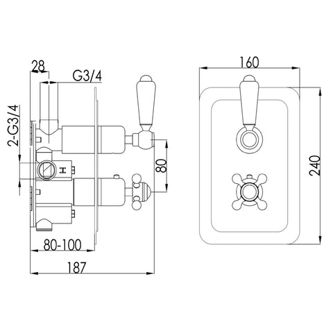 concealed thermostatic shower valve Technical Drawing