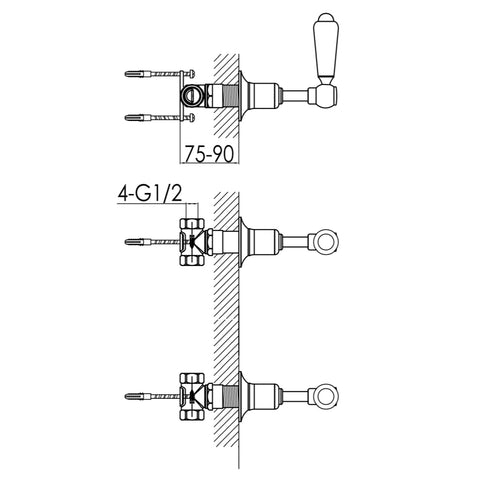 Chester Lever Wall Mounted Valves Technical Drawing