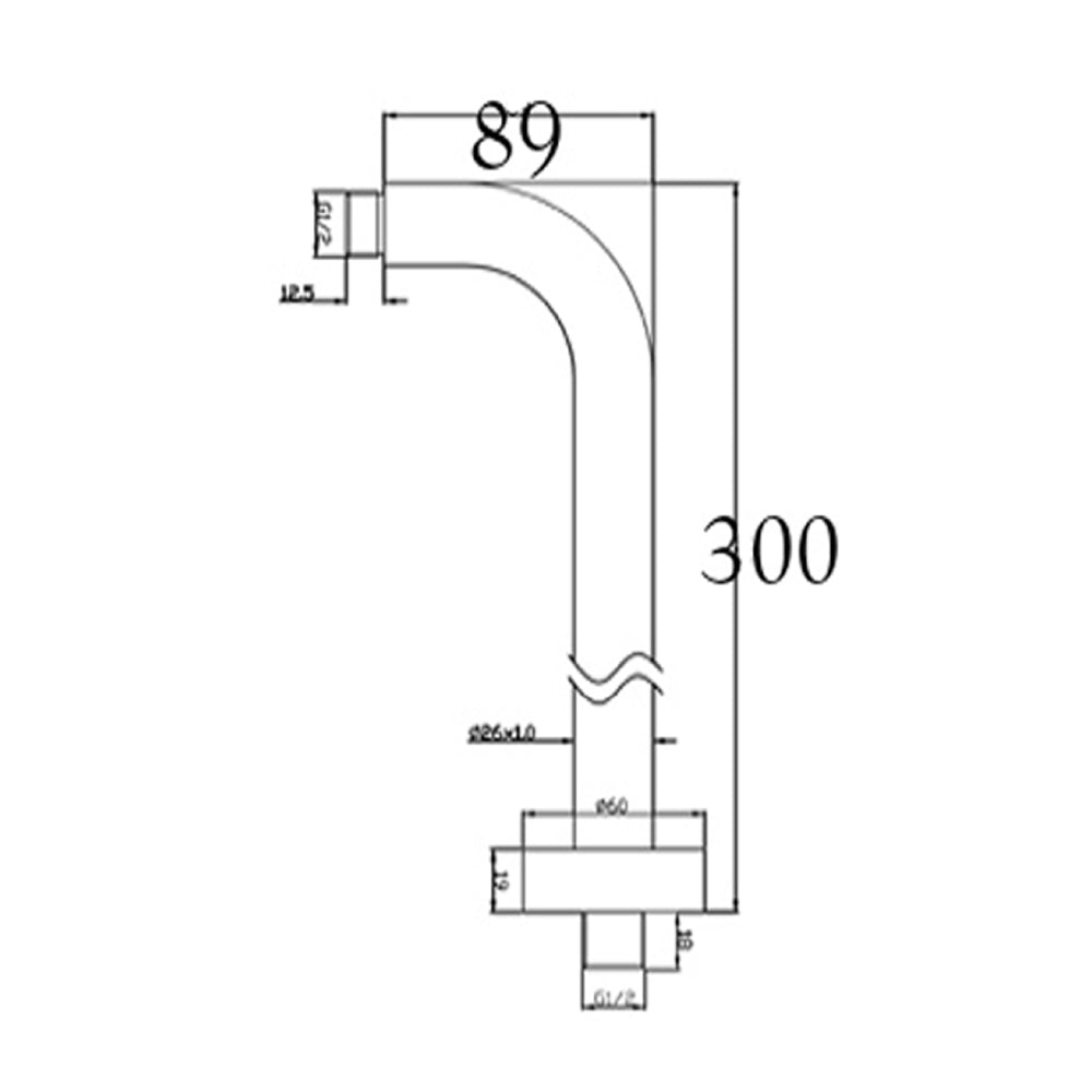 Fixed Round Wall Mounted Showers Arm Technical Drowing