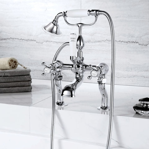 The Chester deck mounted bath mixer with shower handset provides a shower handset and connecting hose, while the flared spout is an angled drop