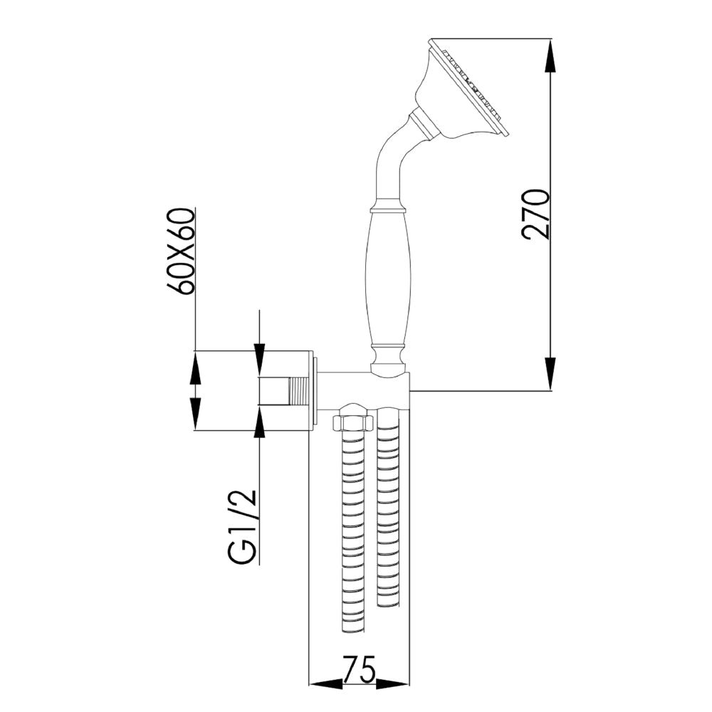 Shower Handset with Wall Outlet and Hose Technical Drawing