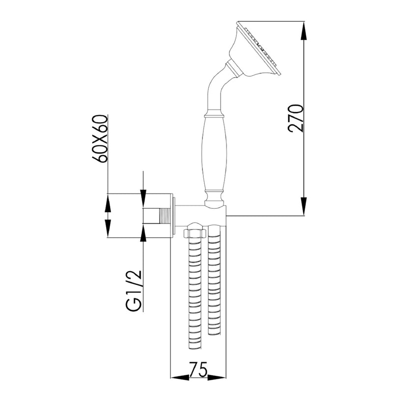 Shower Handset with Wall Outlet and Hose Technical Drawing