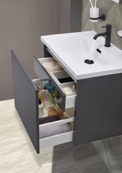anthracite bathroom vanity unit with 2 spacious  internal draws  and sensor bottom light, ceramic basin and black basin mixer 