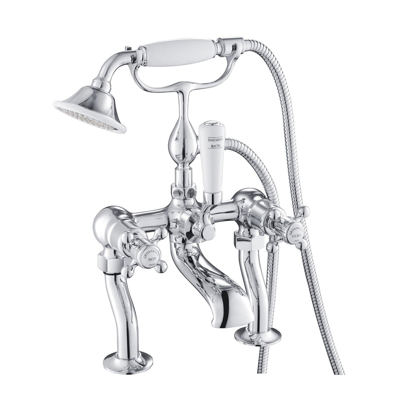 Chester crosshead floorstanding bath mixer which provides a shower handset and connecting hose, while the flared spout is an angled drop