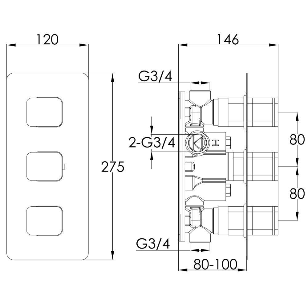 concealed thermostatic shower valve Technical Drawing