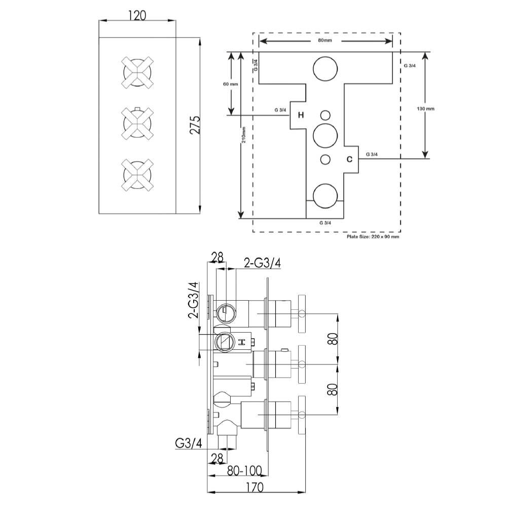 Thermostatic Concealed 3 Outlet Shower Valve - Tapron