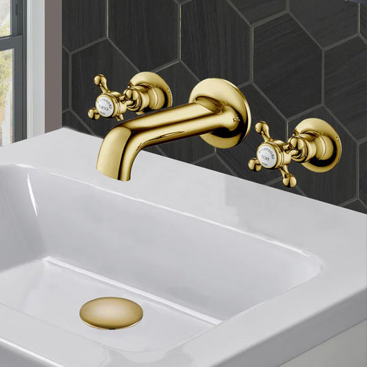 Cross 3 Hole Gold Basin Taps with Wall Mounted Fitting and Precise control Handles for water flow - tapron 1000