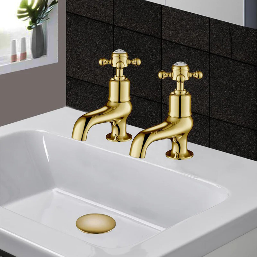 Cross Cloakroom Gold Basin Pillar Taps made of Brass 