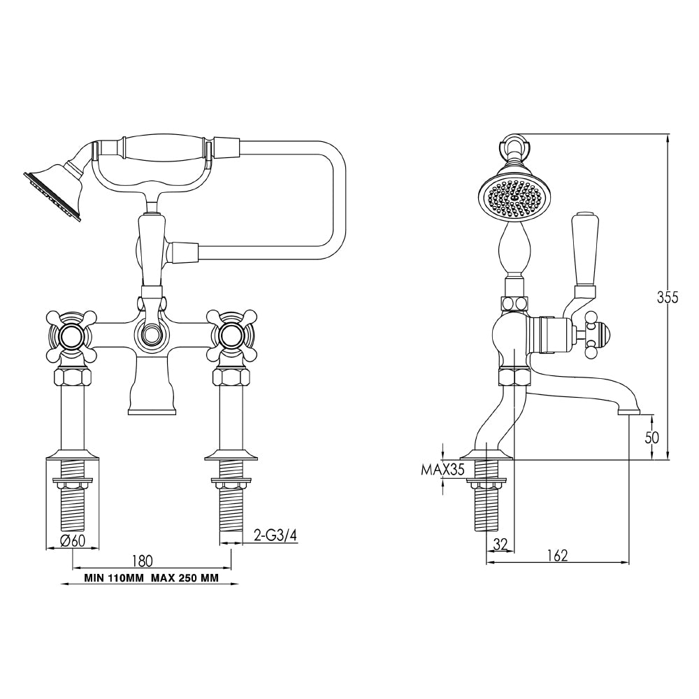 Gold Cross Deck Mounted Taps technical drawings -Tapron
