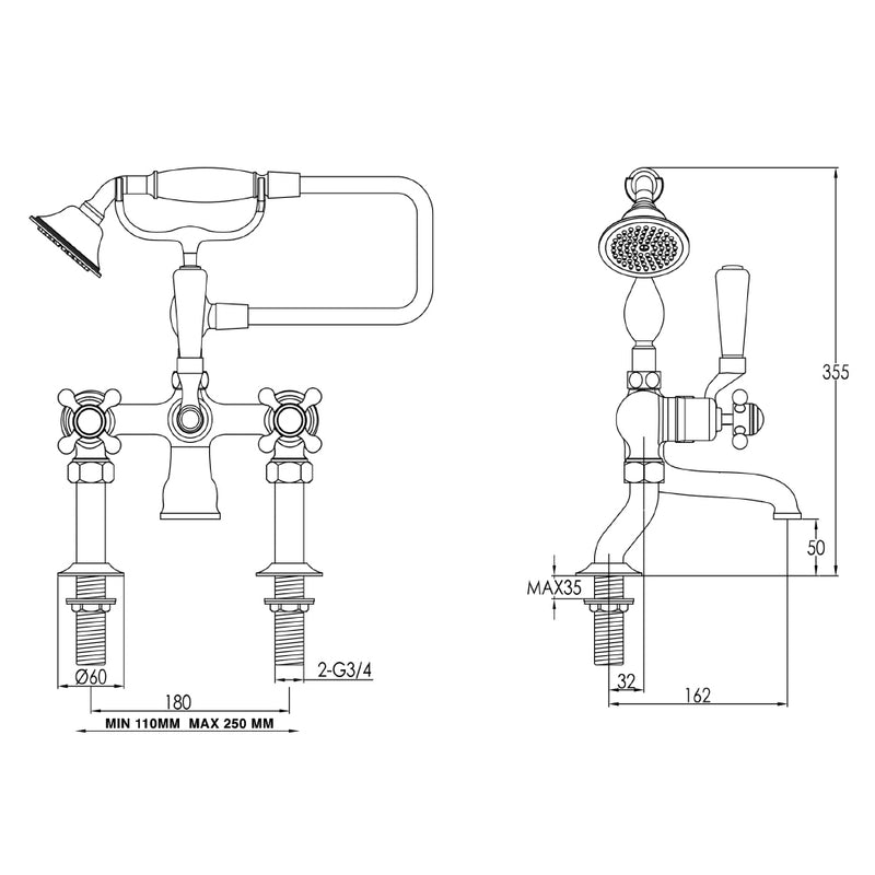 Gold Cross Deck Mounted Taps technical drawings -Tapron