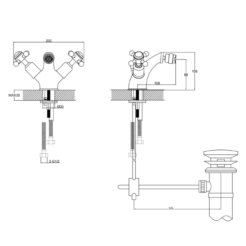 Crosshead Bidet Mixer Tap with Pop up Waste – Gold Technical drawing