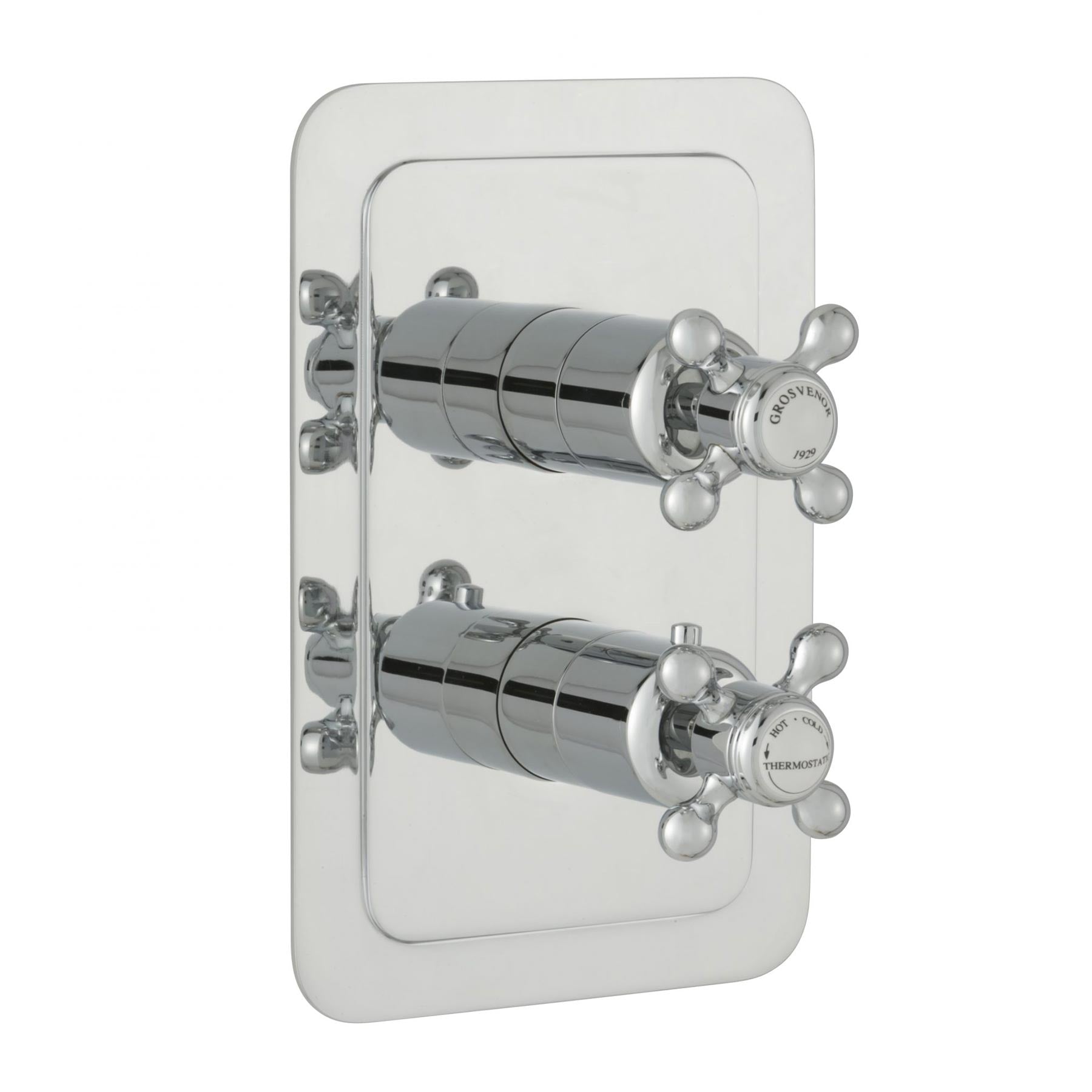 Chrome Crosshead 2-outlet thermostatic shower valve that offers dual flow and temperature control.