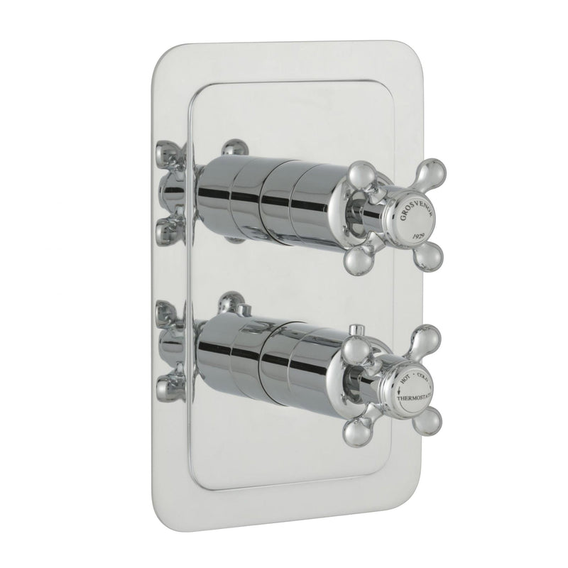 Chrome Chester Crosshead 2-outlet thermostatic shower valve that offers dual flow and temperature control.