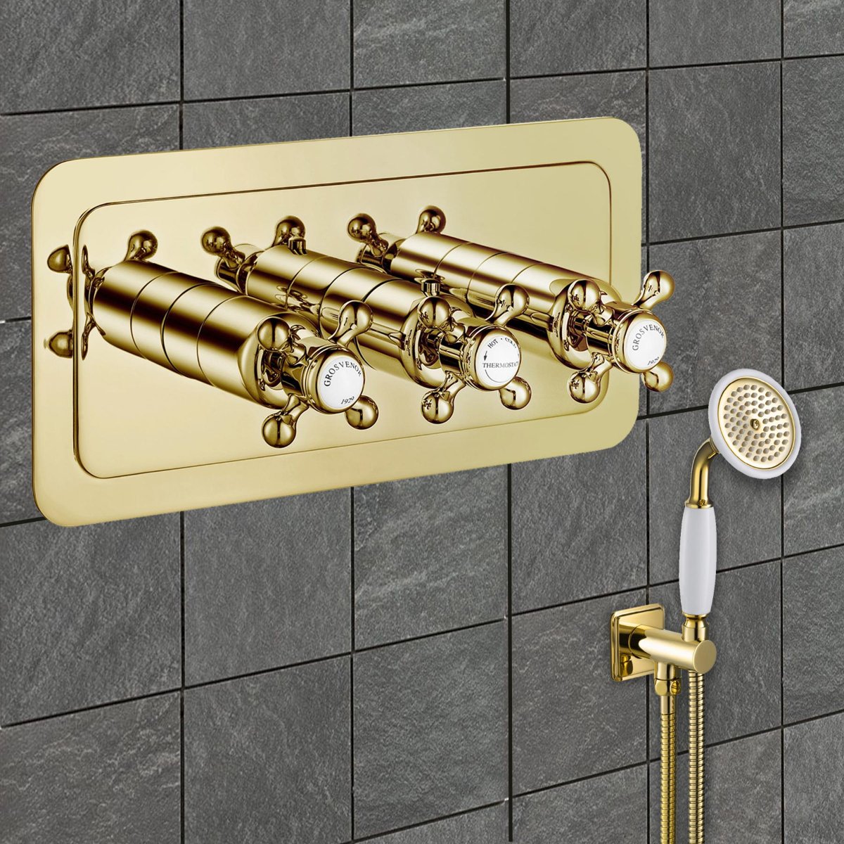 2-Outlet Crosshead Concealed Thermostatic Shower Mixer Valve- Gold Secondary image