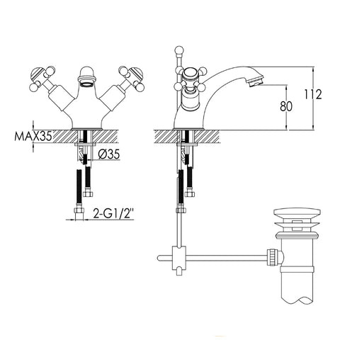 Black Crosshead Basin Mixer Tap Technical Drawing-Tapron