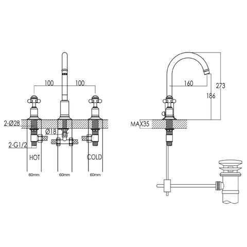 3-hole basin mixer Tap technical drawing -Tapron