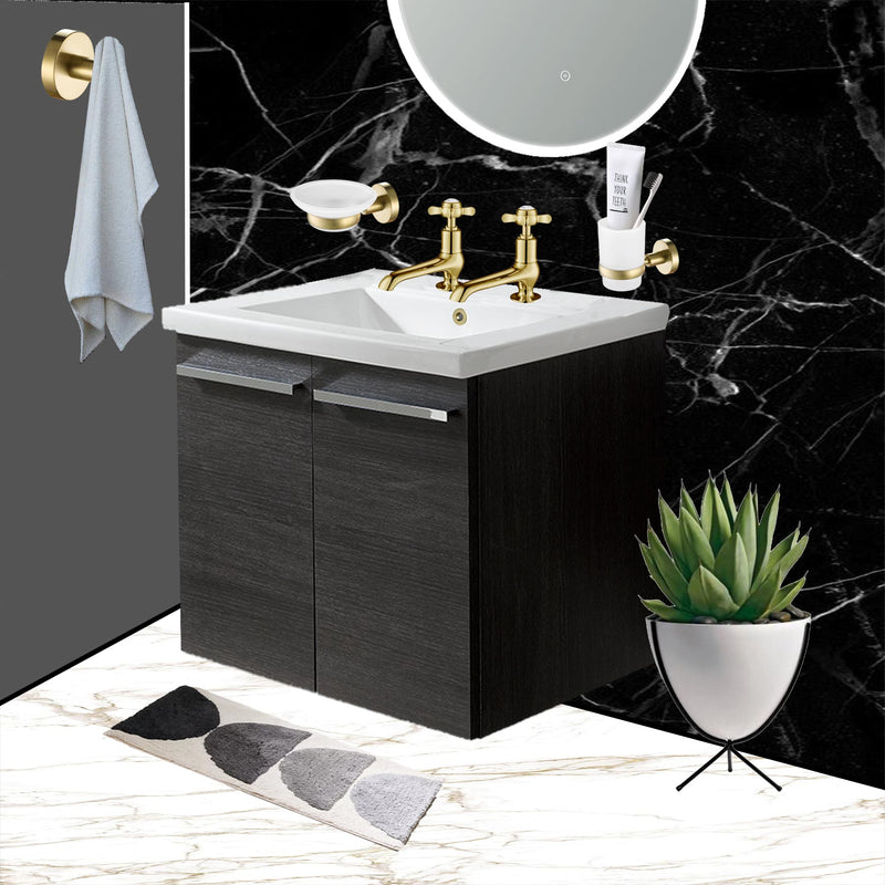 Pinch Gold Long Nose Basin Taps with matching gold soap dish and tumble and gold robe hook installed in a trending bathroom.