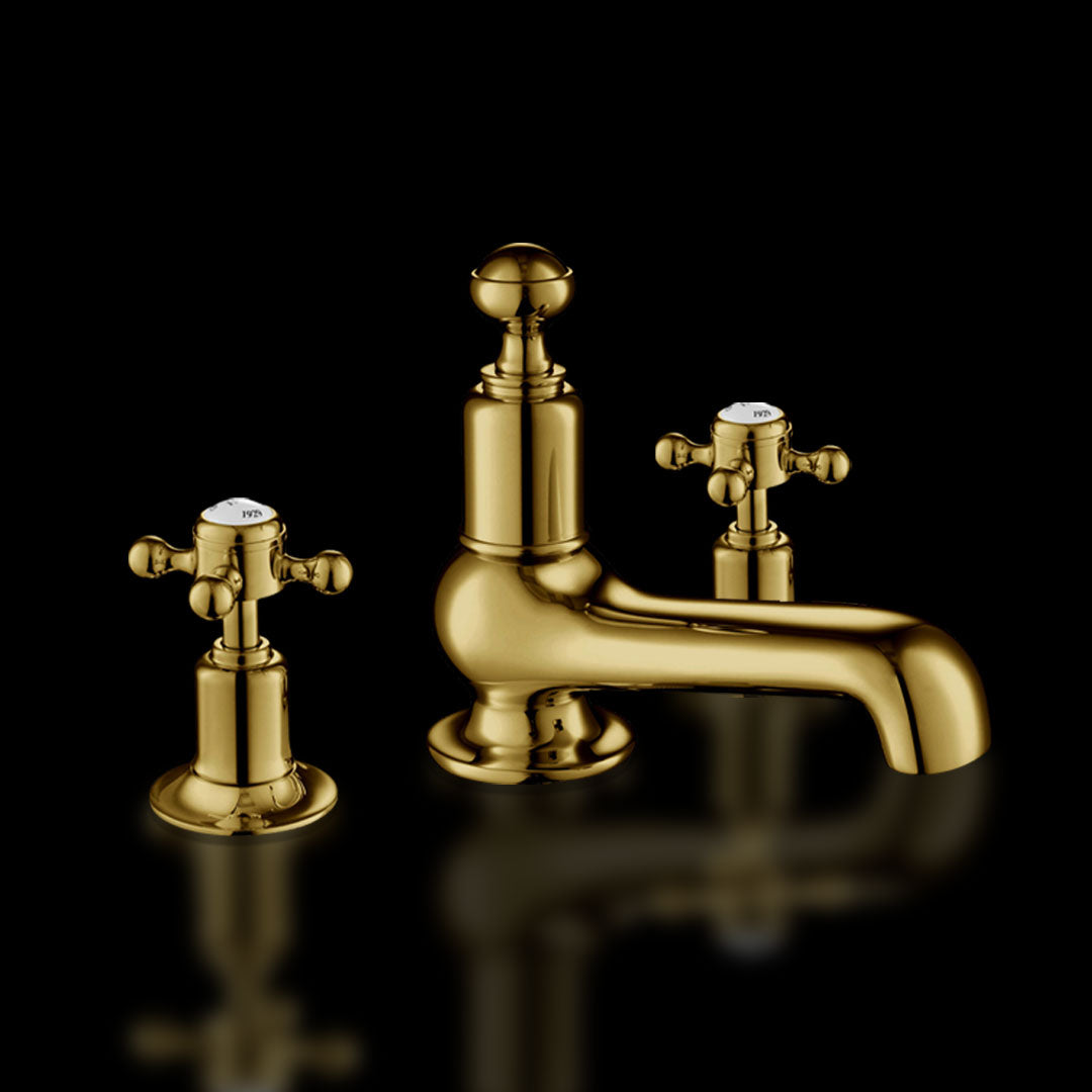 Cross 3 Hole Deck Mounted Gold Basin Tap
