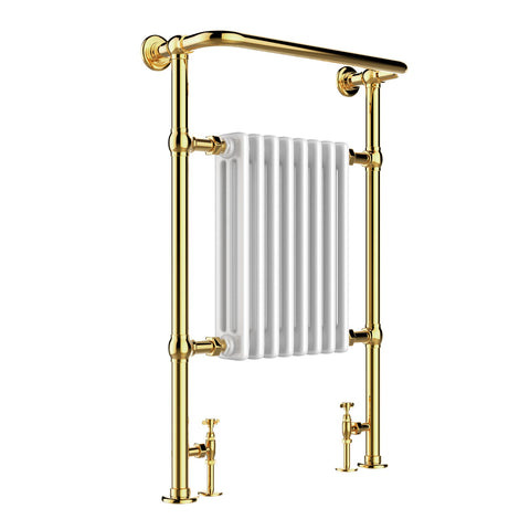 Floor Mounted Bathroom Traditional Gold Heated Towel Rail with Overhanging Rail - H963 x W673mm