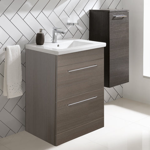 Grey floor standing bathroom cabinet with basin
