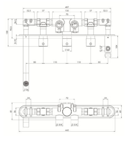 Horizontal Thermostatic Valve Technical Drawing Tapron